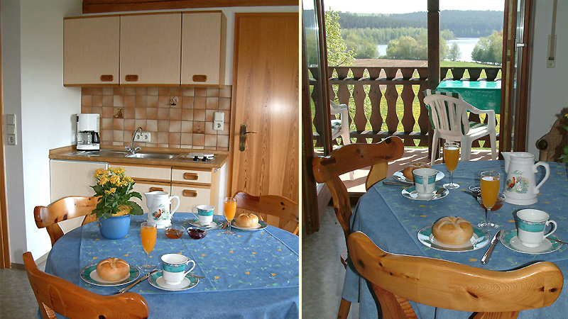 Fewo Seeblick - Küche und Essbereich mit Blick über den Balkon auf den Igelsbachsee